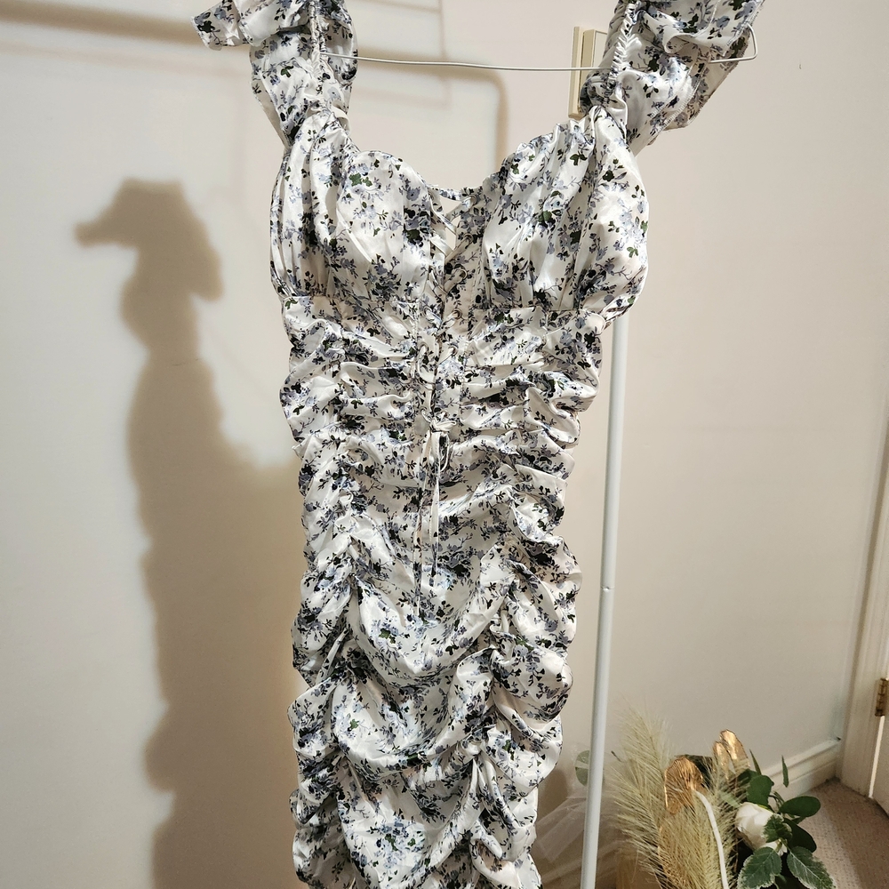 Floral Ruched White Dress